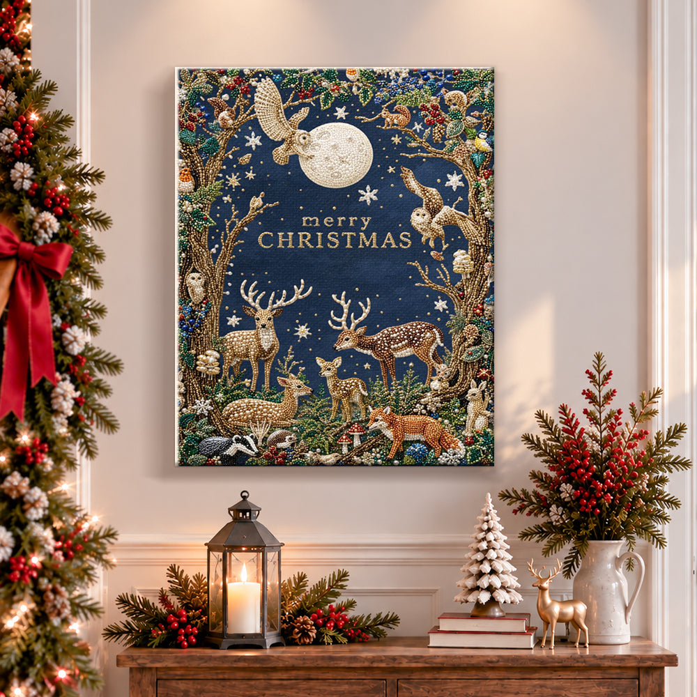 Finished merry christmas forest wildlife pearl diamond painting artwork displayed as holiday home decor