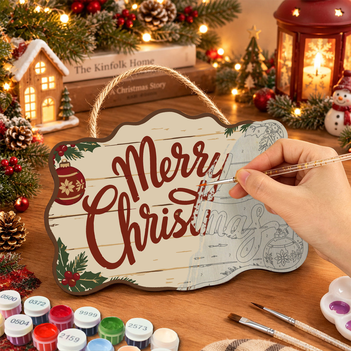 Merry christmas ornaments paint by numbers door hanger painting process