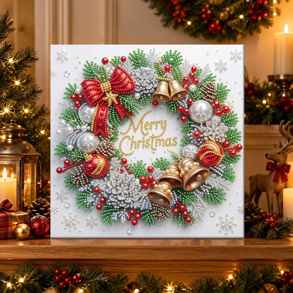 Finished merry christmas wreath pearl diamond painting artwork displayed as holiday home decor