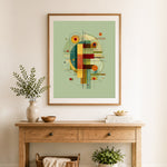 Finished mid‑century geometric art cross stitch artwork displayed as home decor