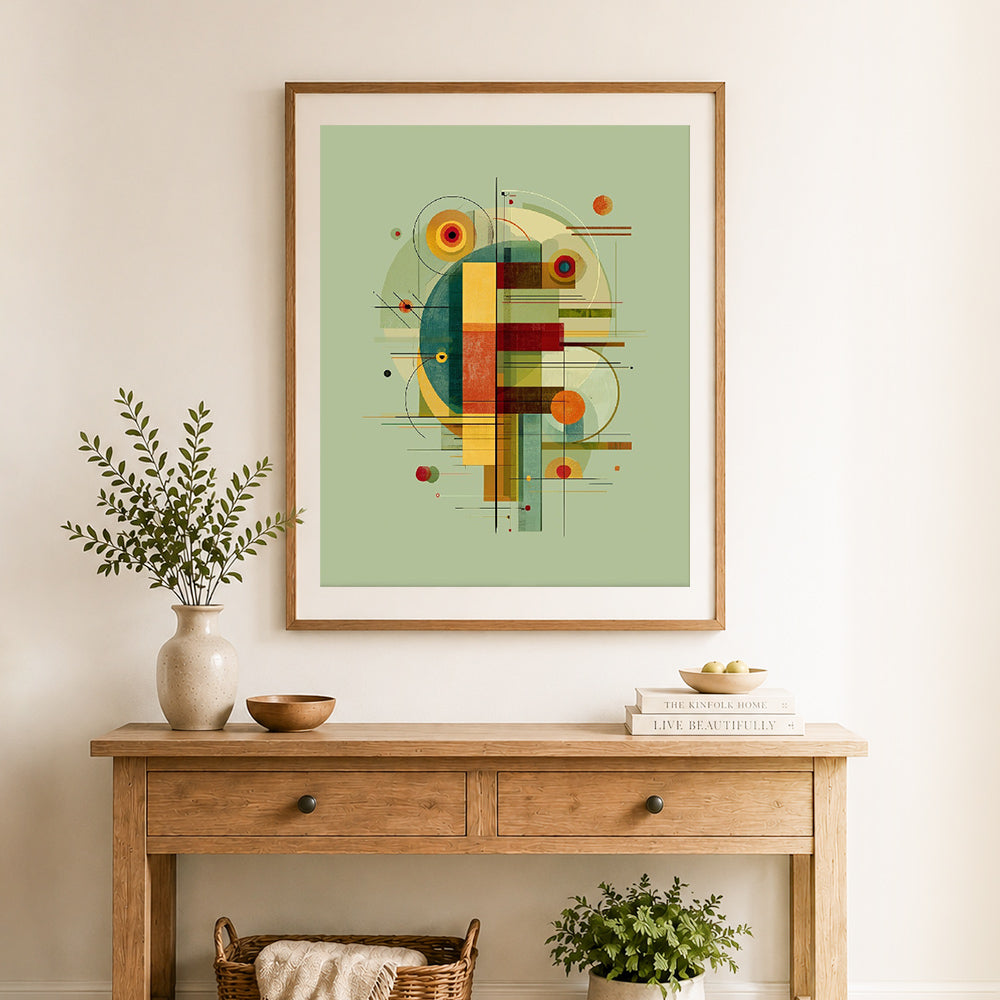 Finished mid‑century geometric art cross stitch artwork displayed as home decor