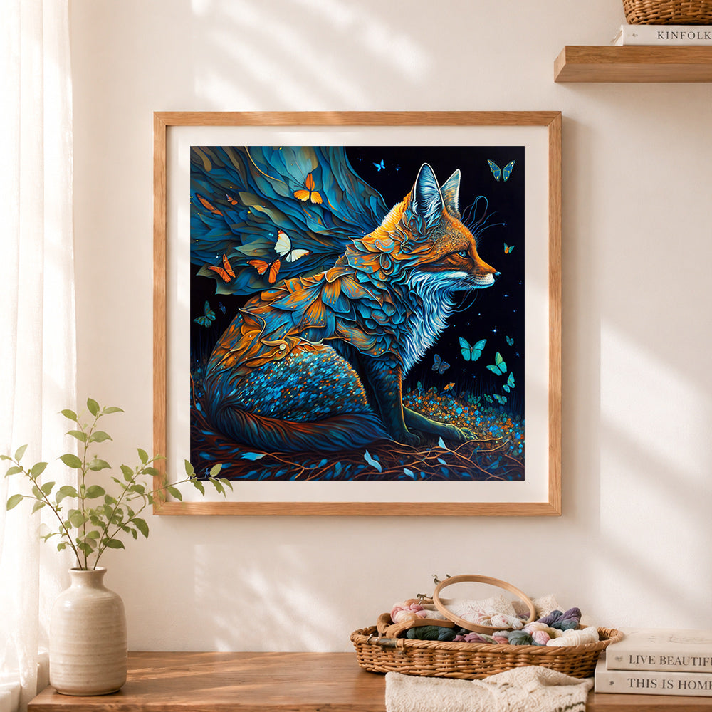 Finished midnight butterfly fox cross stitch artwork displayed as home decor