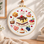 Mini dessert collection embroidery hoop wall art displayed as warm and cozy handmade home decor