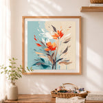 Finished minimal autumn floral print cross stitch artwork displayed as home decor