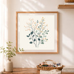 Finished minimal eucalyptus botanical print cross stitch artwork displayed as home decor
