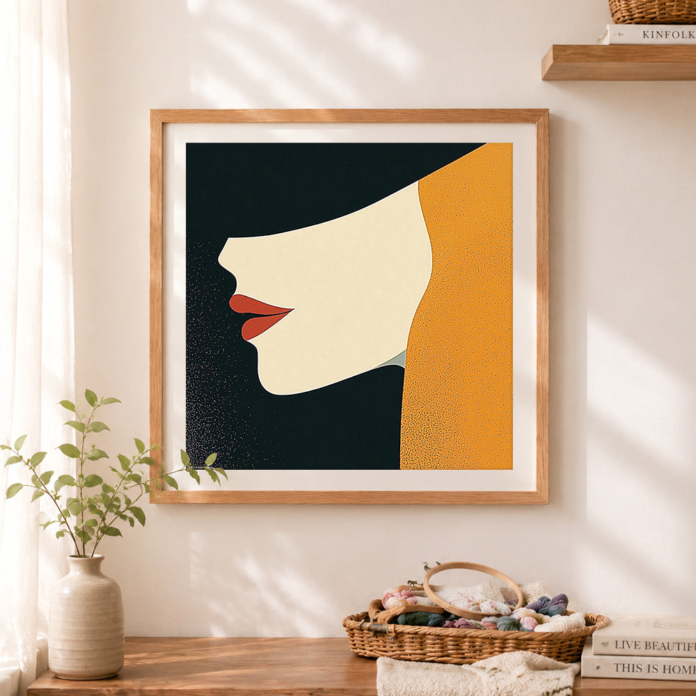 Finished minimal female profile art cross stitch artwork displayed as home decor