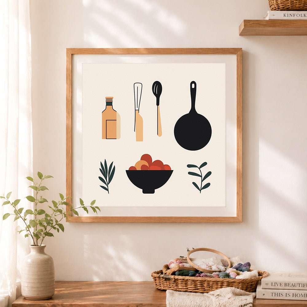 Finished minimal kitchen utensils cross stitch artwork displayed as home decor