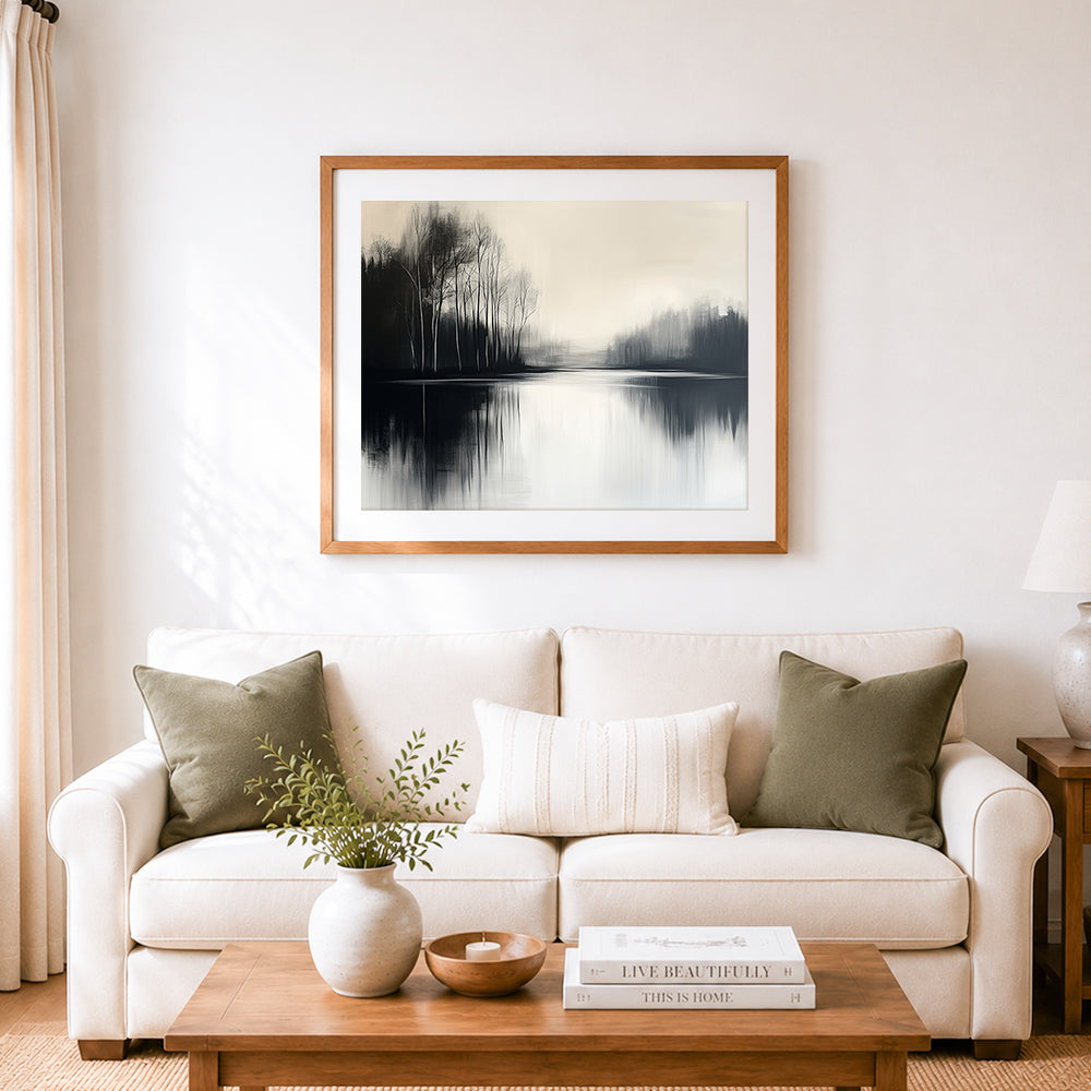 Finished minimalist black and white water reflection cross stitch artwork displayed as home decor