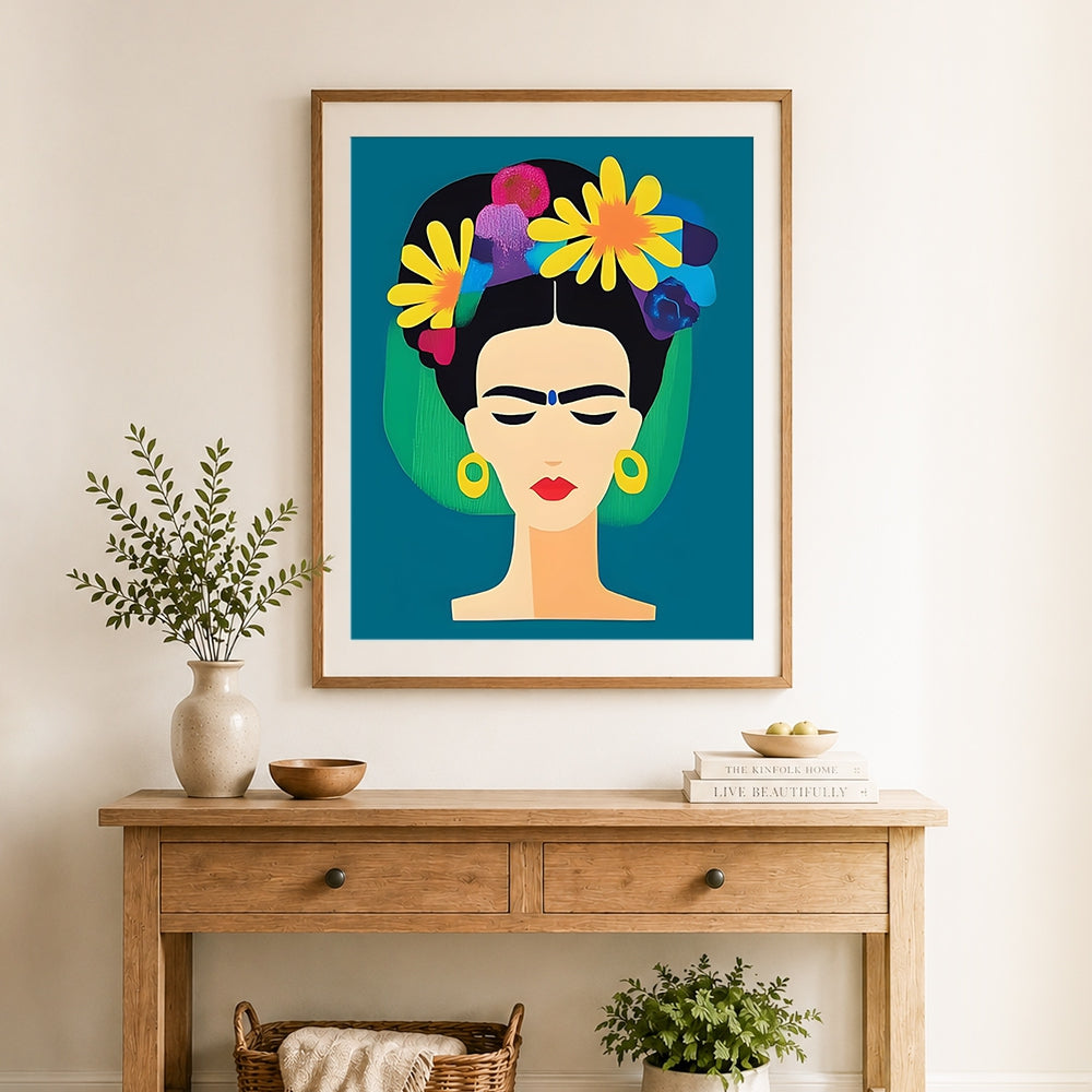 Finished minimalist frida kahlo portrait with floral crown cross stitch artwork displayed as home decor