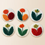 Minimalist green and orange tulips punch needle coaster kit finished handmade coasters
