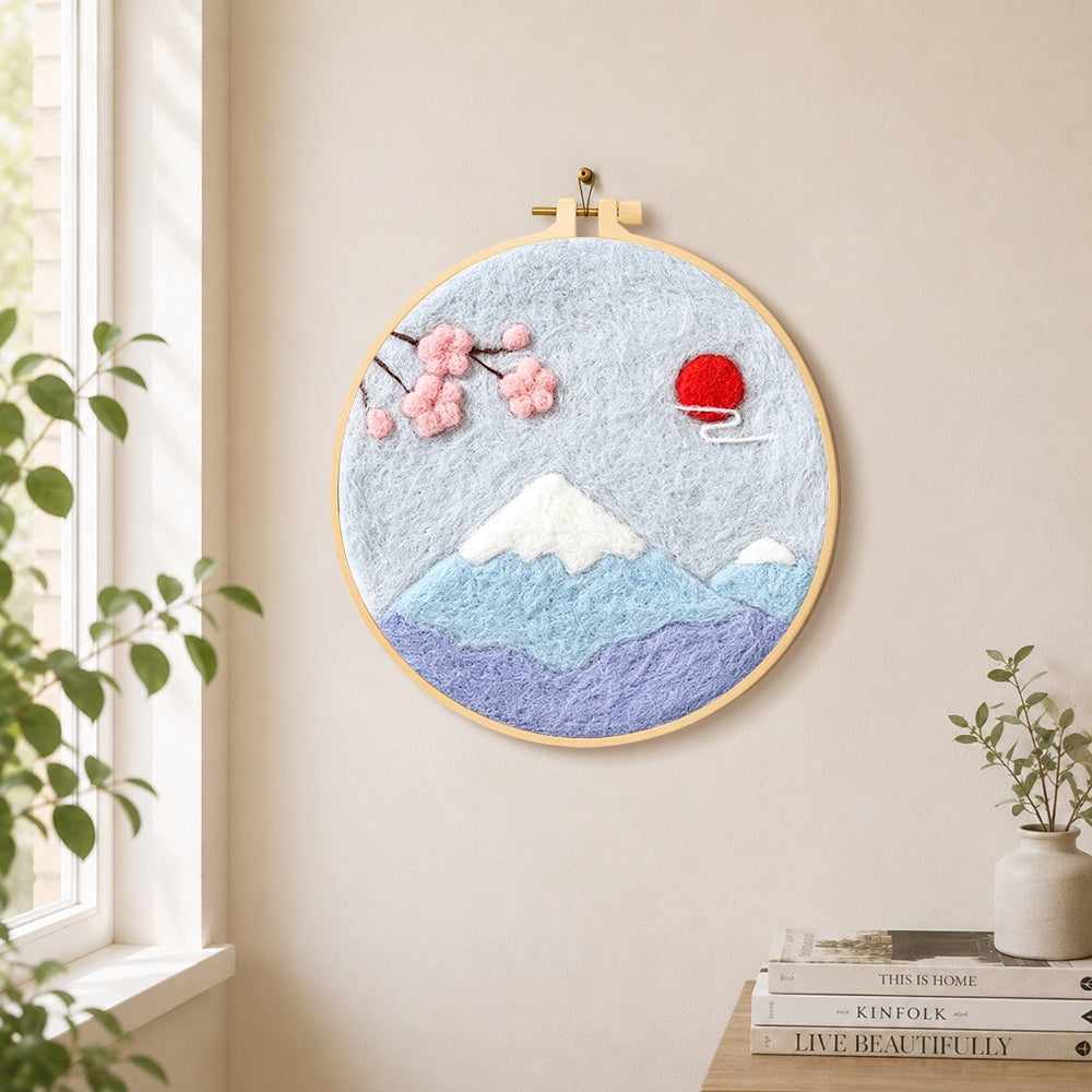 Minimalist mount fuji needle felt wall art displayed in a bright home interior