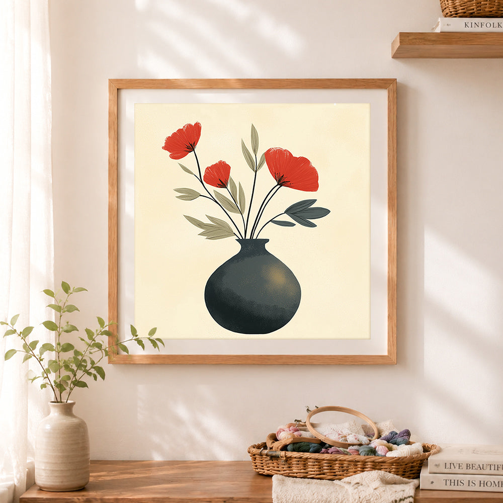 Finished minimalist red poppies in dark vase cross stitch artwork displayed as home decor
