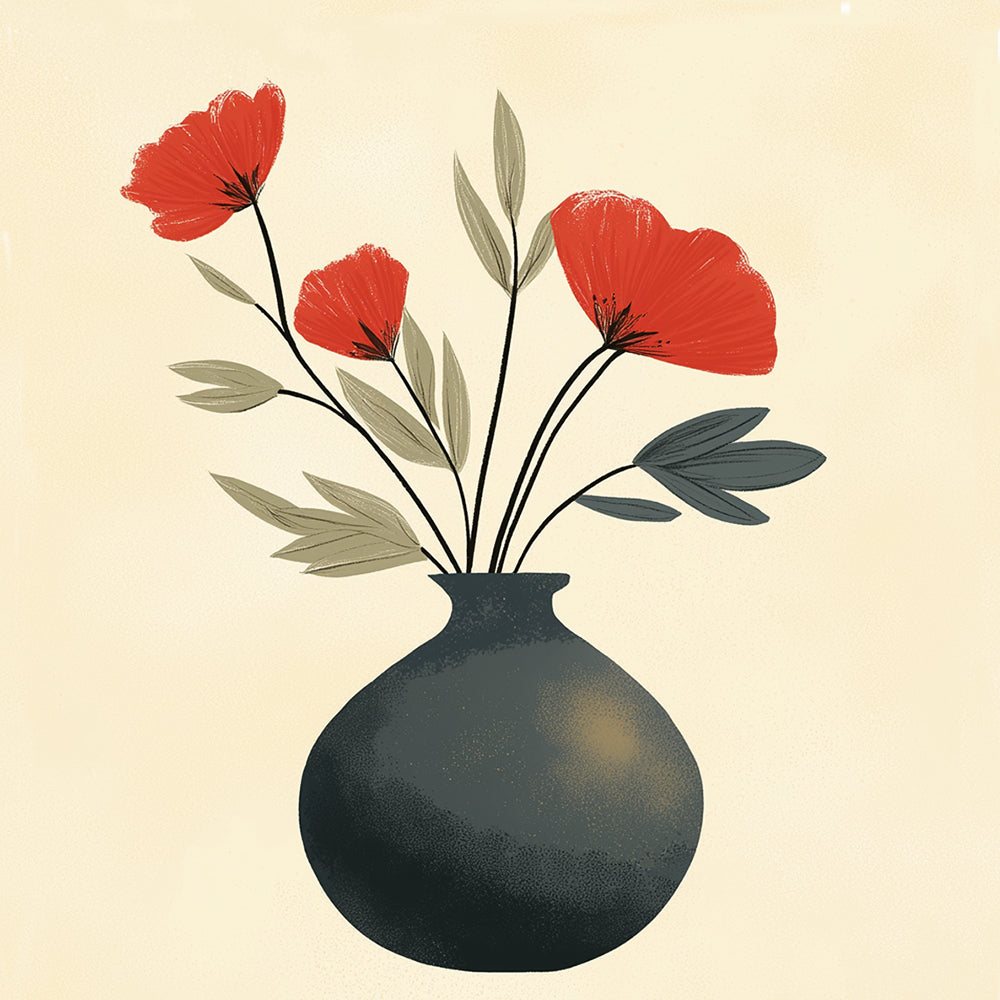 Minimalist red poppies in dark vase cross stitch kit for beginners