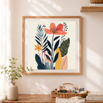Finished minimalist stylized floral leaves cross stitch artwork displayed as home decor