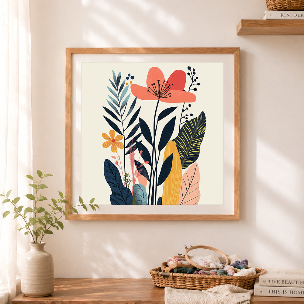 Finished minimalist stylized floral leaves cross stitch artwork displayed as home decor
