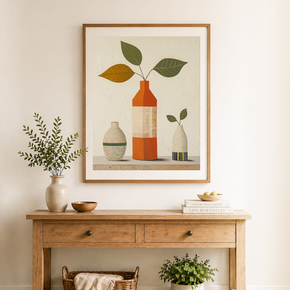 Finished minimalist vase still life cross stitch artwork displayed as home decor