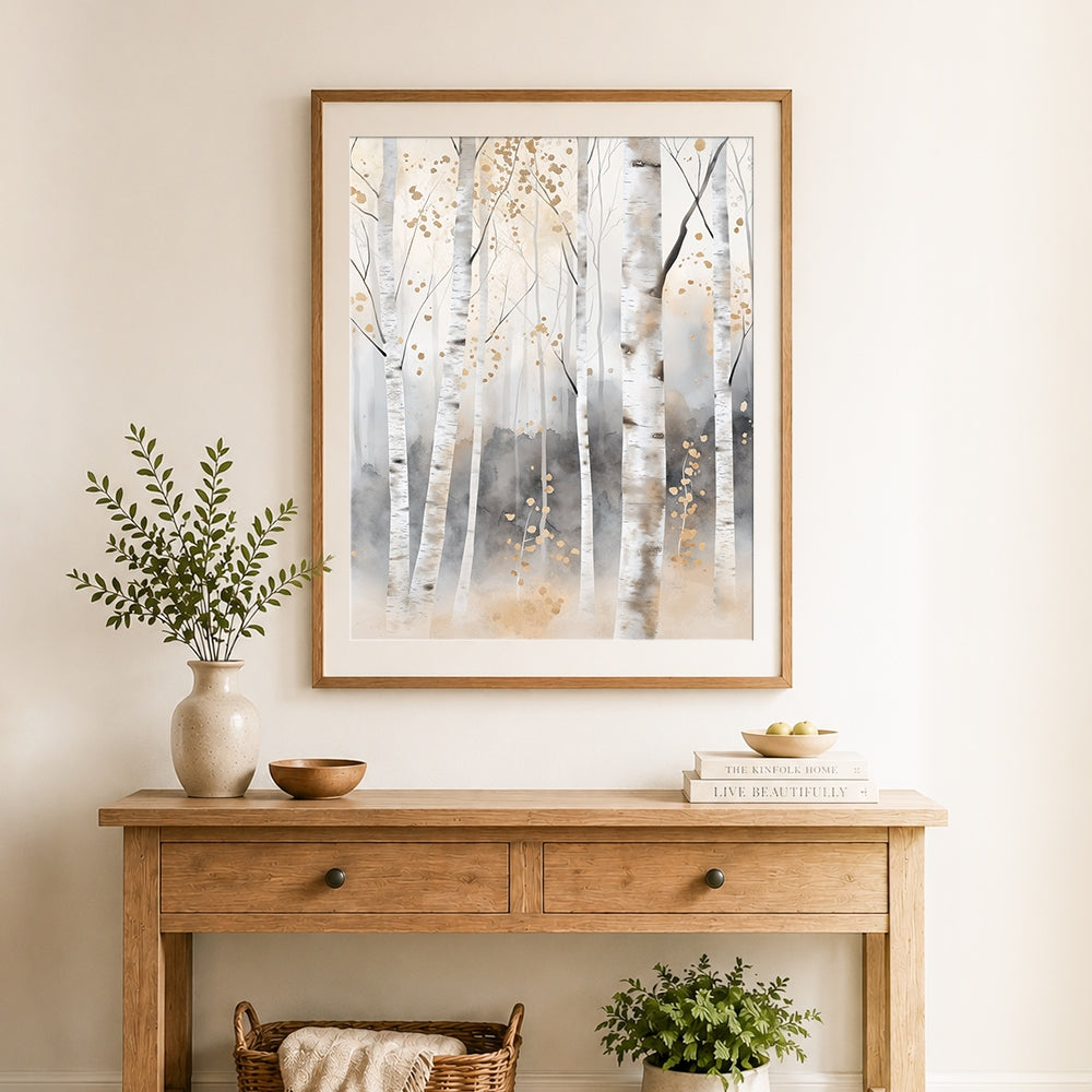 Finished misty birch forest with gold leaves cross stitch artwork displayed as home decor