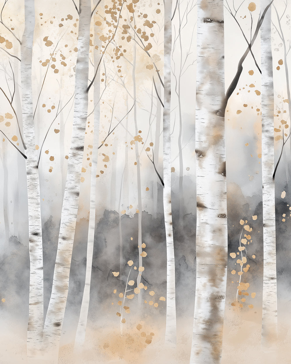 Misty birch forest with gold leaves cross stitch kit for beginners