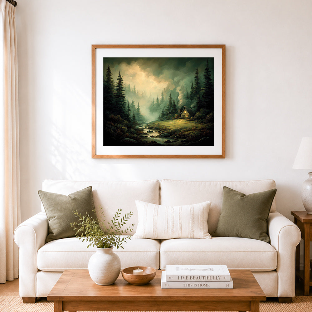 Finished misty forest cabin by the stream cross stitch artwork displayed as home decor