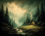 Misty forest cabin by the stream cross stitch kit for beginners