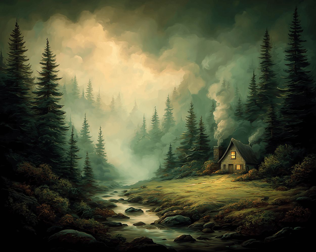Misty forest cabin by the stream cross stitch kit for beginners