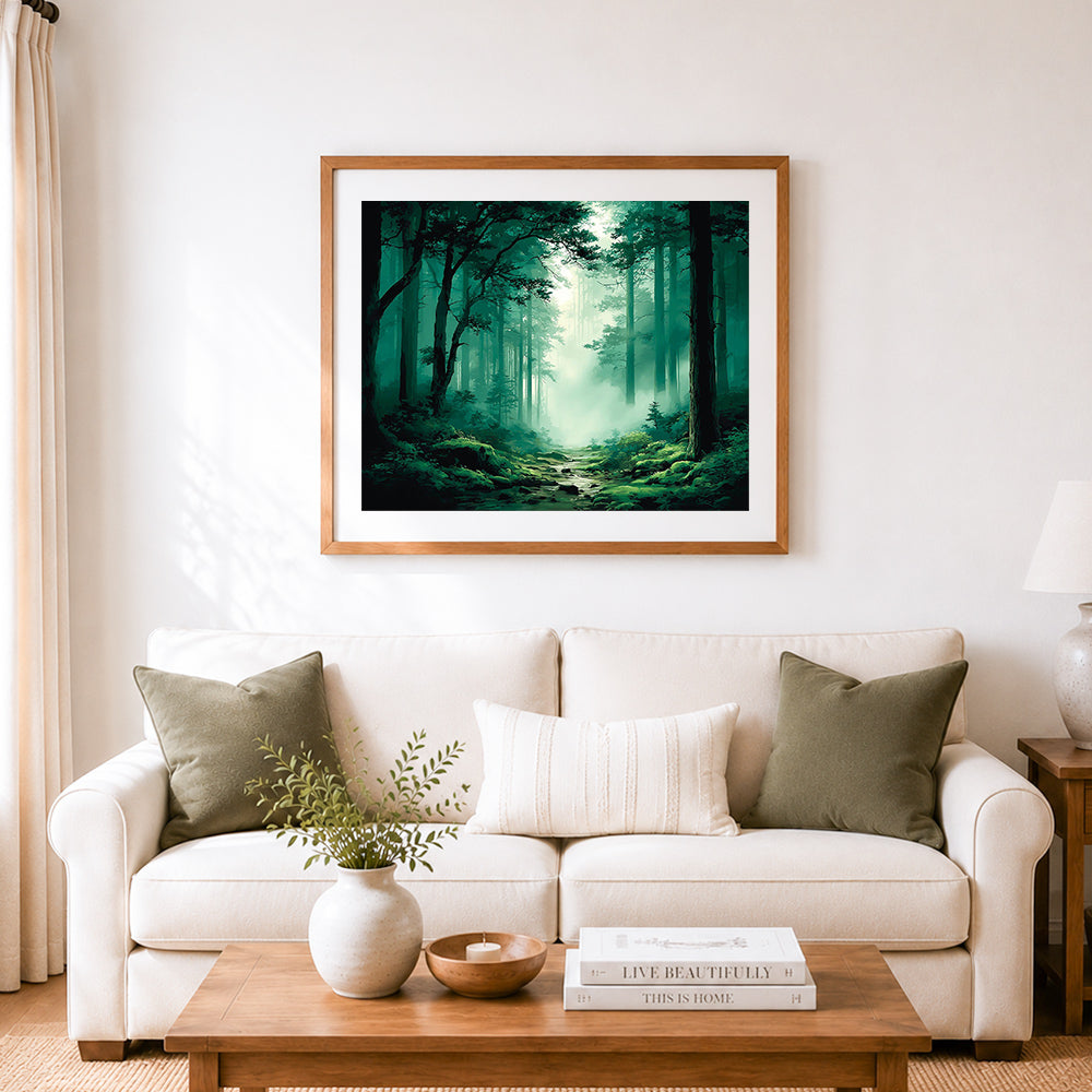 Finished misty green woodland cross stitch artwork displayed as home decor