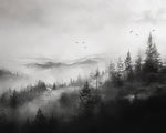 Misty mountain forest in black and white cross stitch kit for beginners