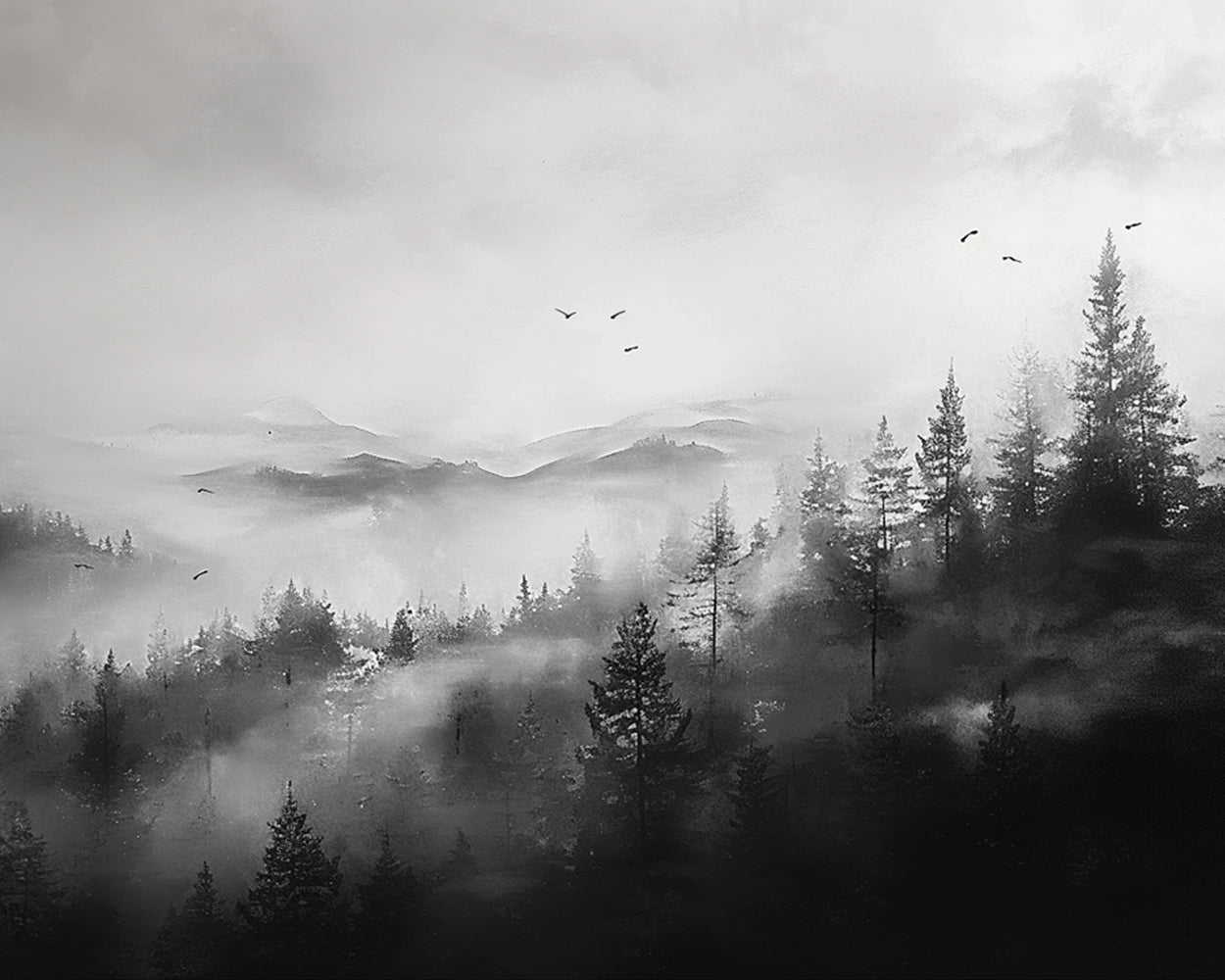 Misty mountain forest in black and white cross stitch kit for beginners