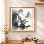 Finished misty mountain ink painting cross stitch artwork displayed as home decor