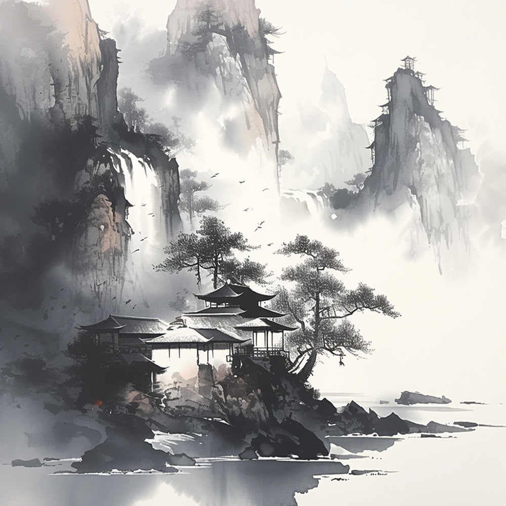 Misty mountain ink painting cross stitch kit for beginners