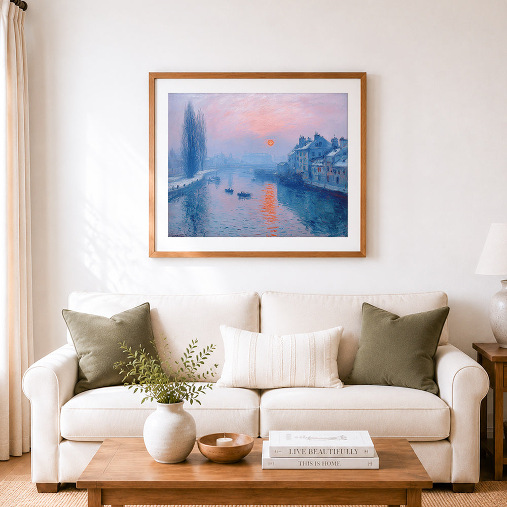 Finished misty winter riverside dusk cross stitch artwork displayed as home decor