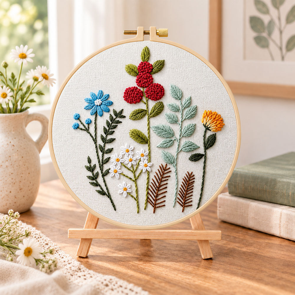 Mixed botanical floral embroidery kit finished hoop displayed on a wooden stand as cozy tabletop decor