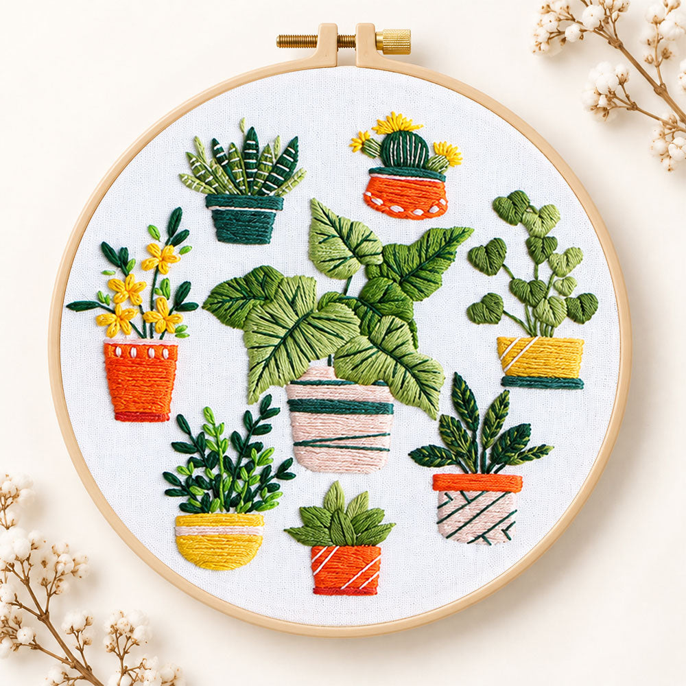 Mixed mini potted greenery embroidery kit
