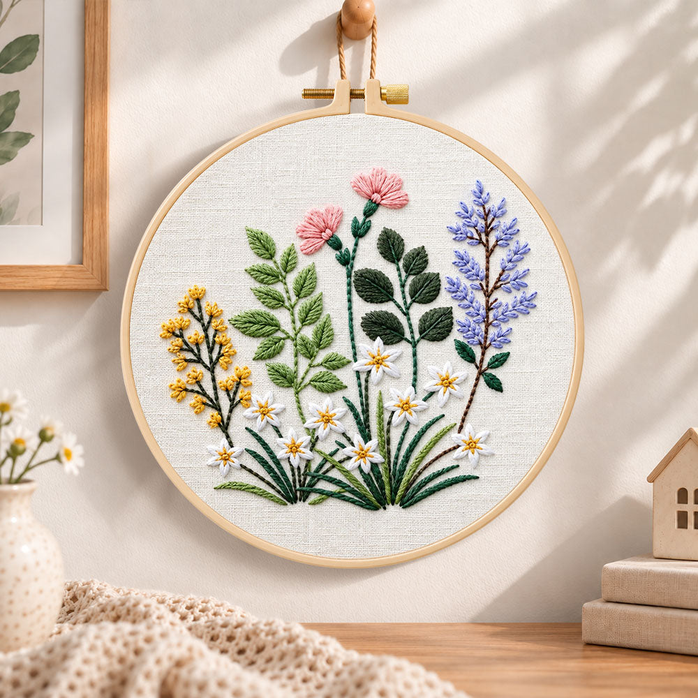 Mixed spring blooms embroidery hoop wall art displayed as warm and cozy handmade home decor