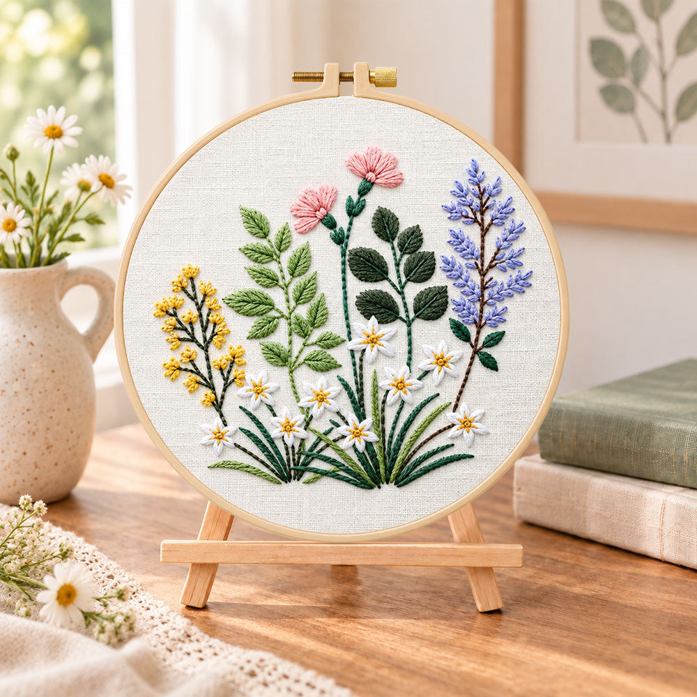 Mixed spring blooms embroidery kit finished hoop displayed on a wooden stand as cozy tabletop decor
