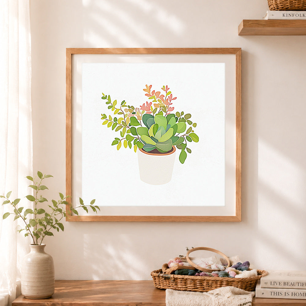 Finished mixed succulent houseplant cross stitch artwork displayed as home decor