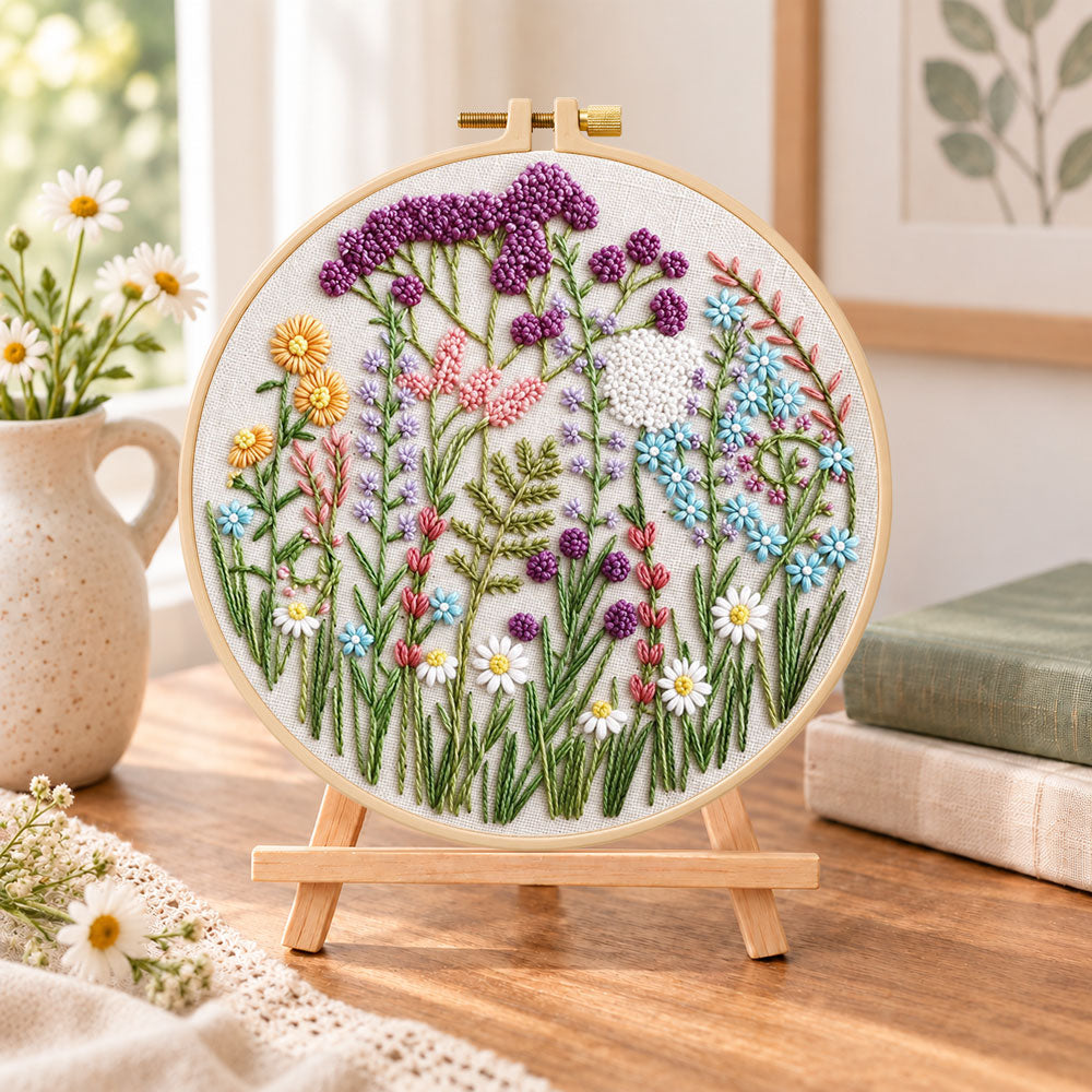 Mixed wildflower field embroidery kit finished hoop displayed on a wooden stand as cozy tabletop decor