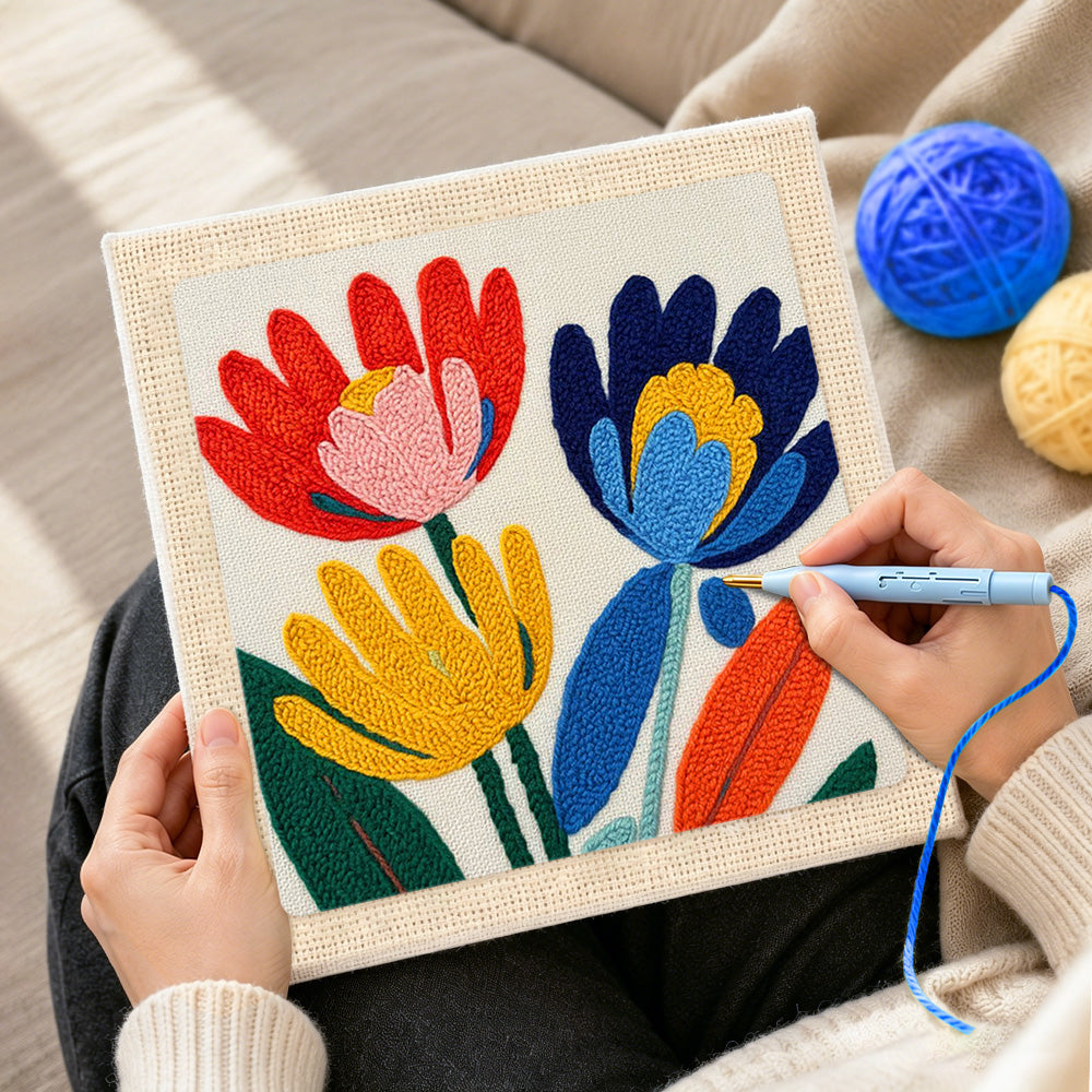 Creating handmade modern abstract and colorful flowers punch needle artwork