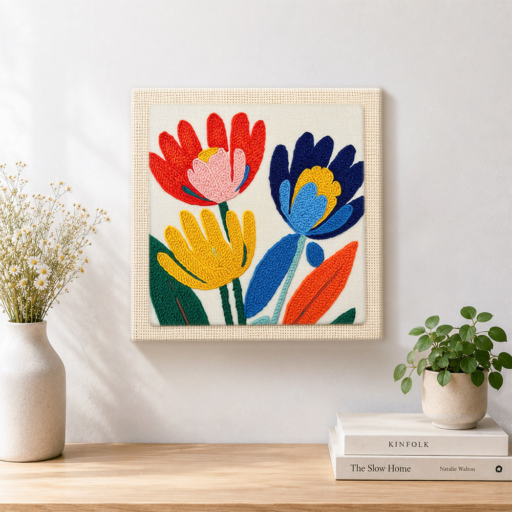 Finished modern abstract and colorful flowers artwork displayed on a wall