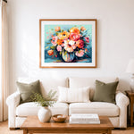 Finished modern abstract floral vase art cross stitch artwork displayed as home decor