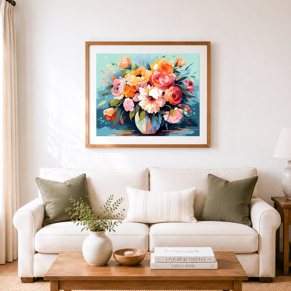 Finished modern abstract floral vase art cross stitch artwork displayed as home decor