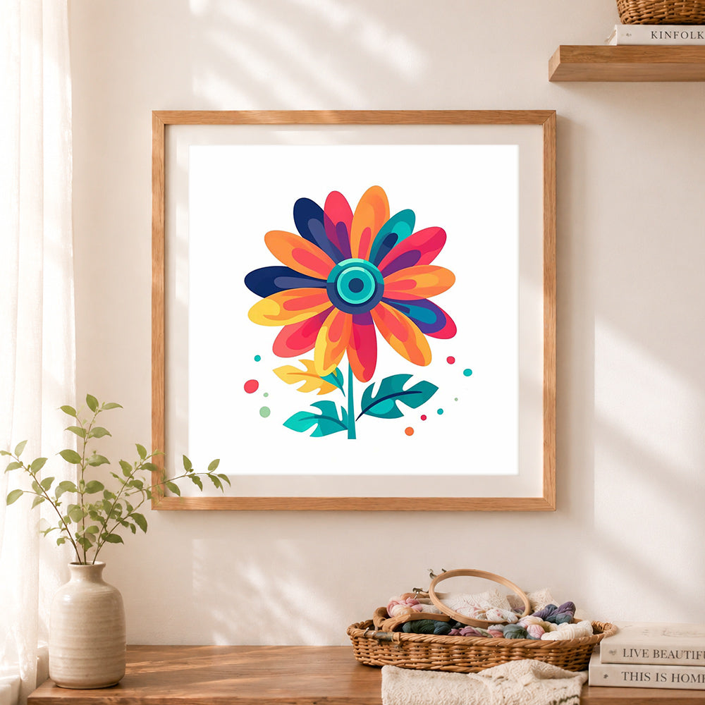 Finished modern flat floral illustration cross stitch artwork displayed as home decor