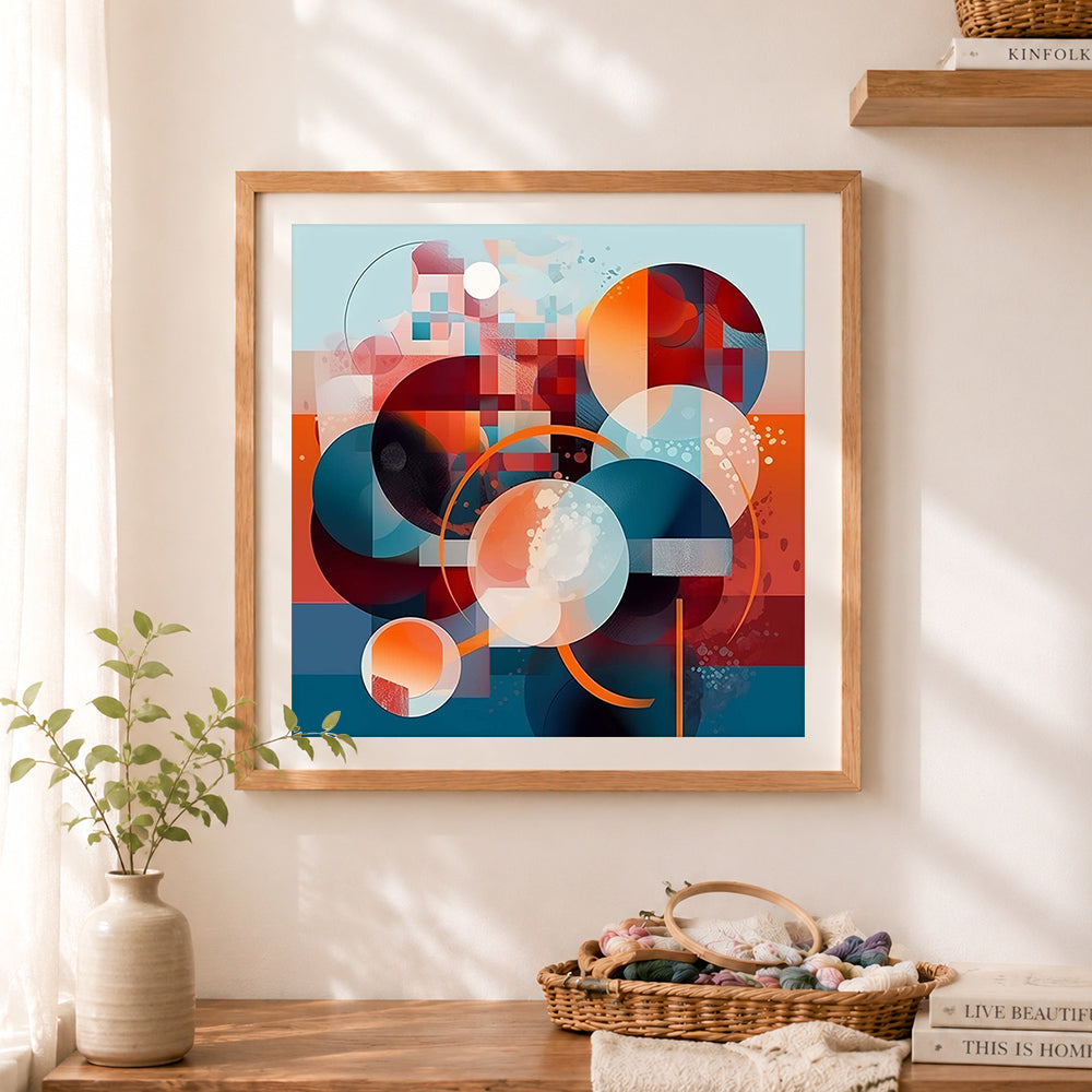 Finished modern geometric abstract shapes cross stitch artwork displayed as home decor