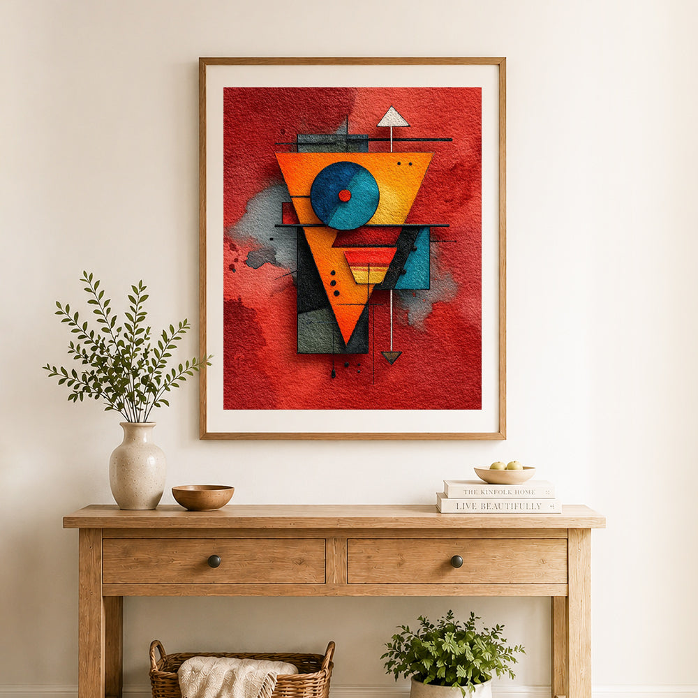 Finished modern geometric abstract wall art cross stitch artwork displayed as home decor