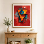 Finished modern geometric abstract wall art cross stitch artwork displayed as home decor