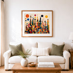 Finished modern geometric cityscape cross stitch artwork displayed as home decor