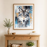 Finished modern geometric wolf portrait cross stitch artwork displayed as home decor