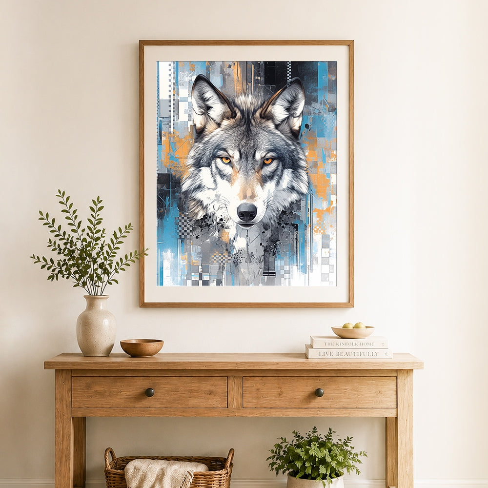 Finished modern geometric wolf portrait cross stitch artwork displayed as home decor