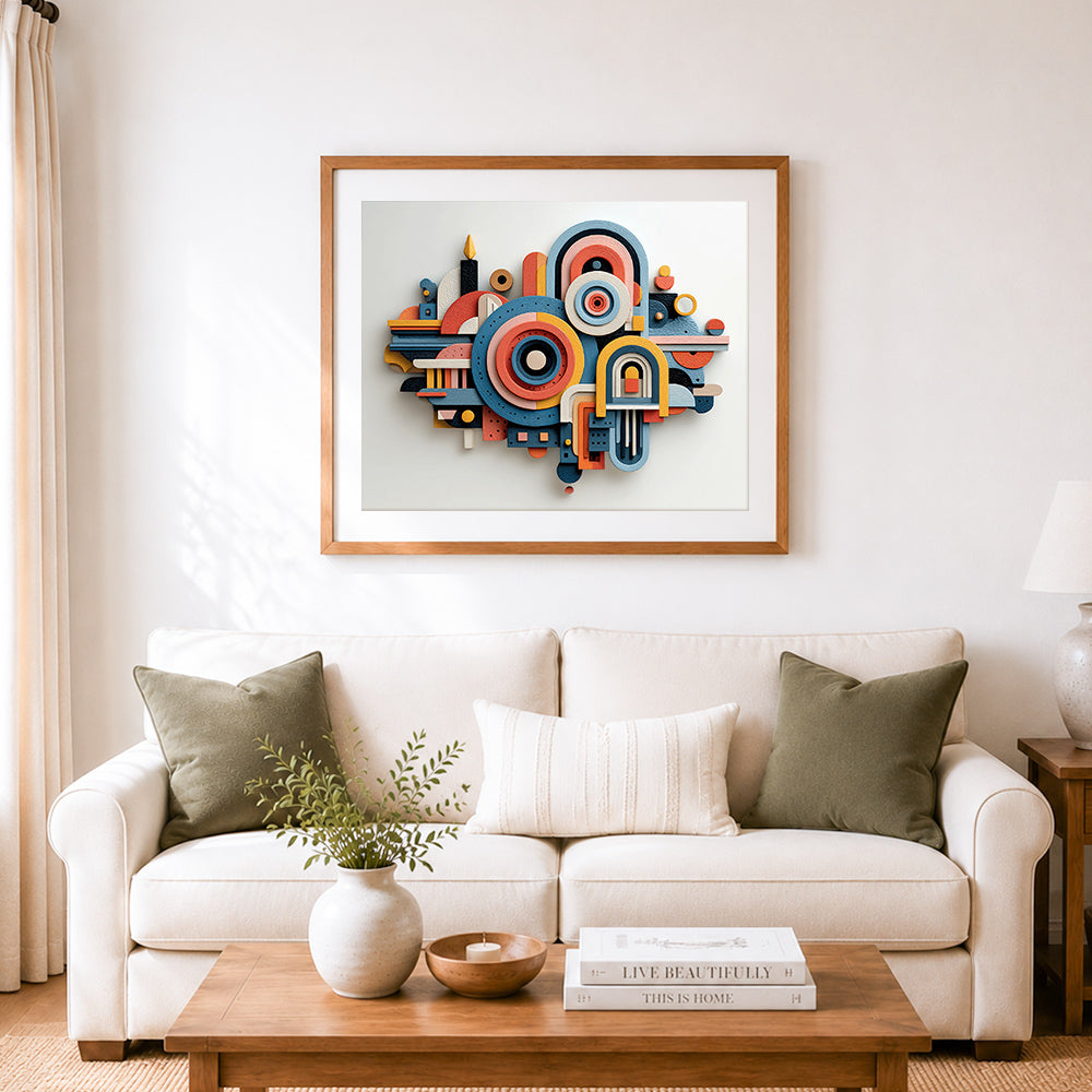 Finished modern geometric wood art cross stitch artwork displayed as home decor
