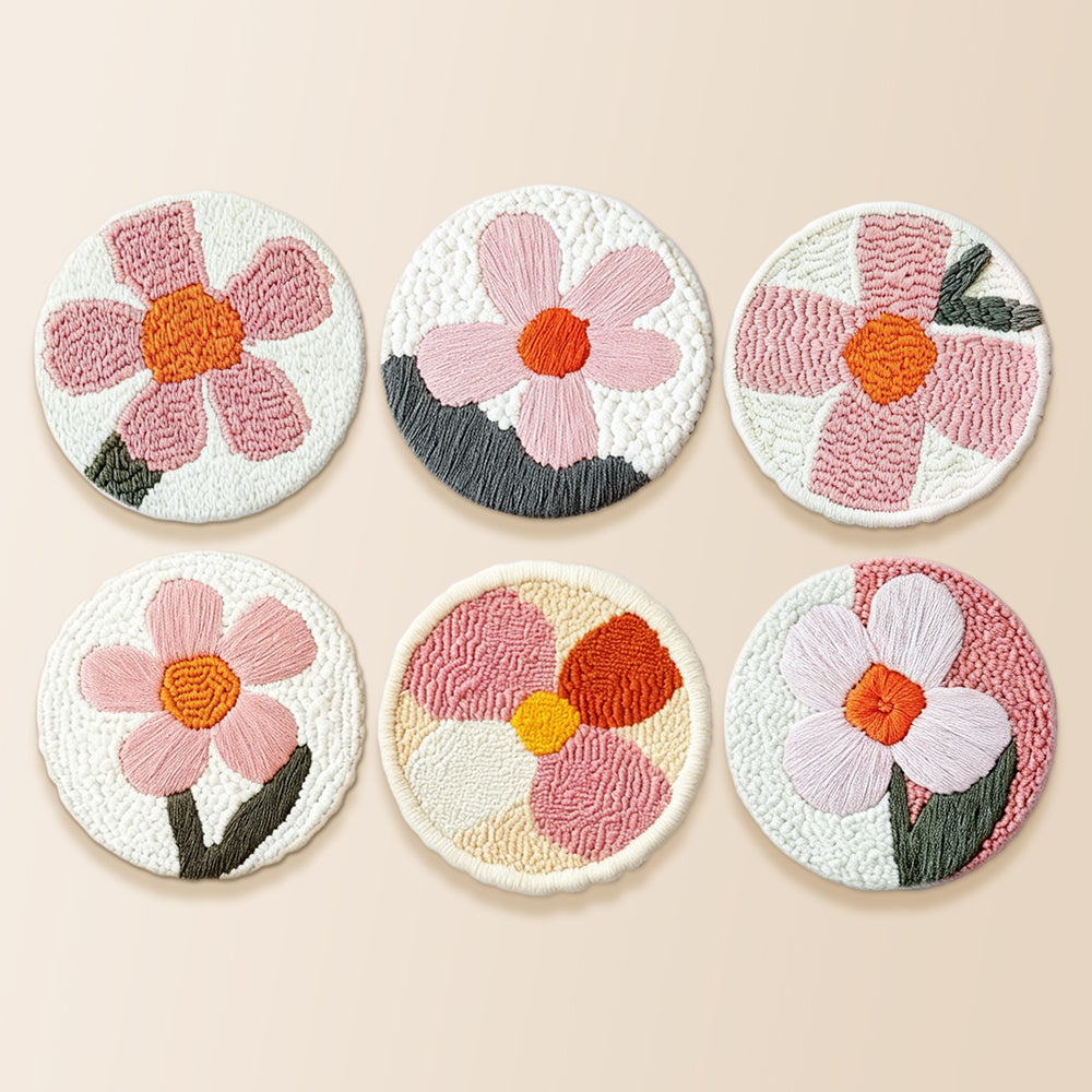 Modern pink floral punch needle coaster kit finished handmade coasters